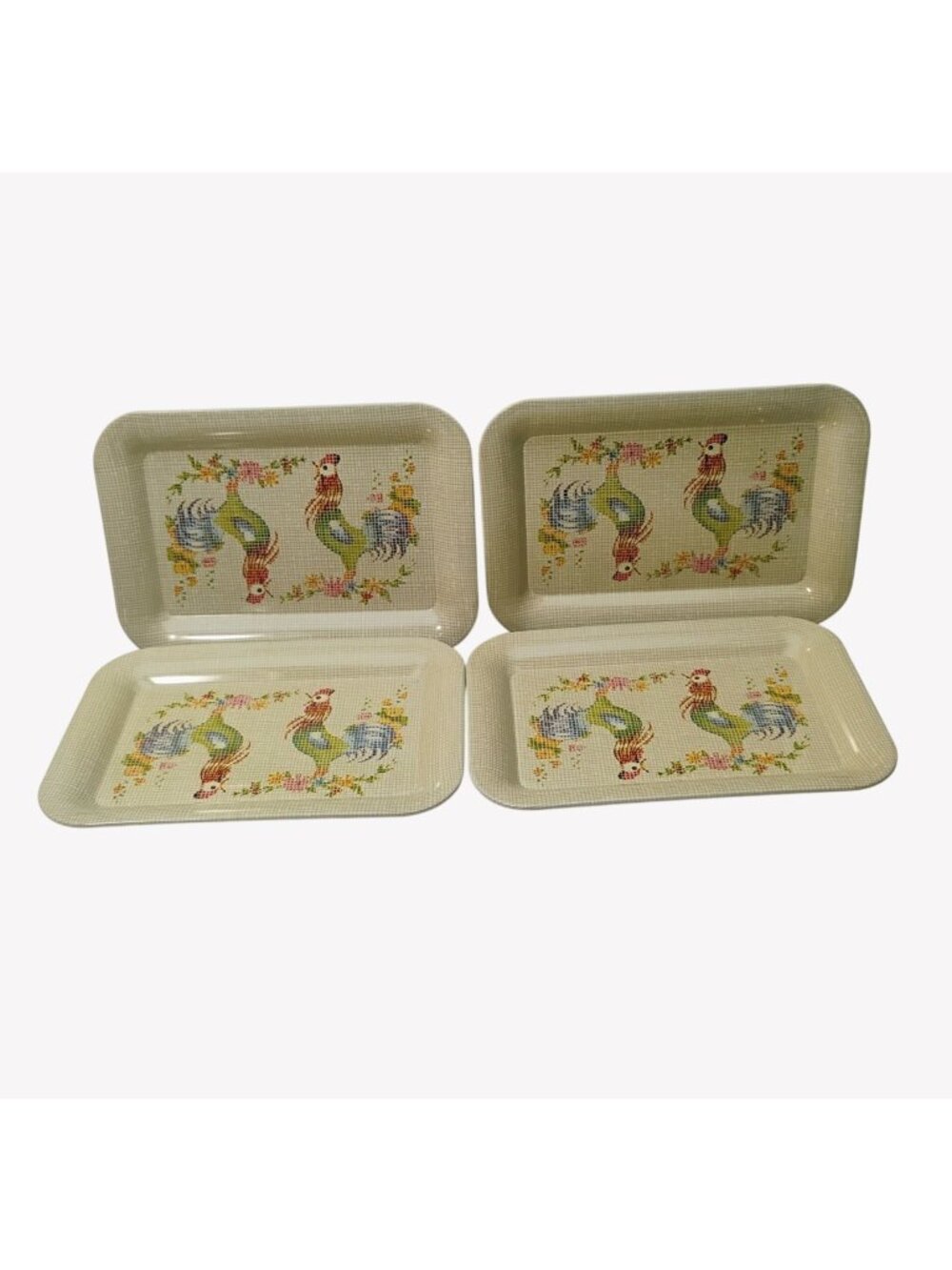 Set of 4 Rooster Tin Trays Vintage Style 4.5" x 7.5"